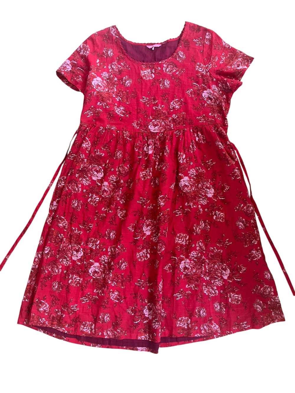 April Cornell Red Floral Cottagecore Cotton Prairie Crewneck Long Relaxed Dress